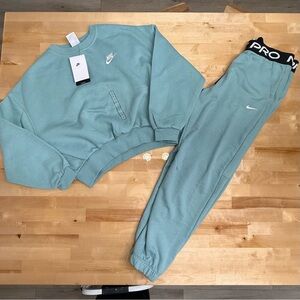 BUNDLE Nike Kids Aqua Crewneck Sweatshirt & Jogger-Mineral NEW w Tags Sz Large